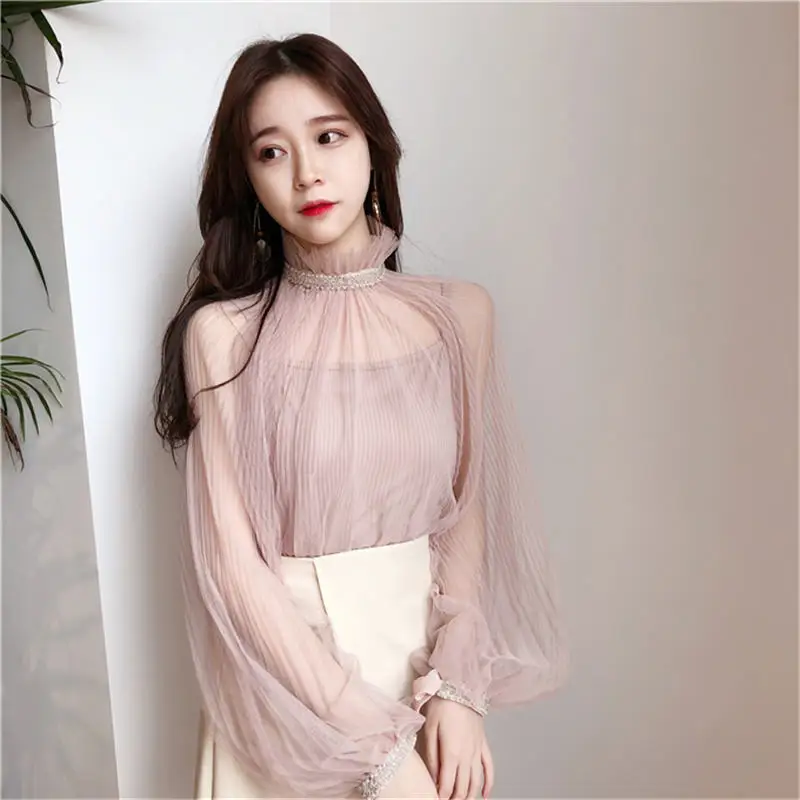 35280 pink Neploe марля 2 комплекта перспективная бисероплетенная рубашка с длинным рукавом Водолазка блузка женская Милая с солнцезащитными топами комплект из двух частей Топы 35280 - Цвет: 35280 pink