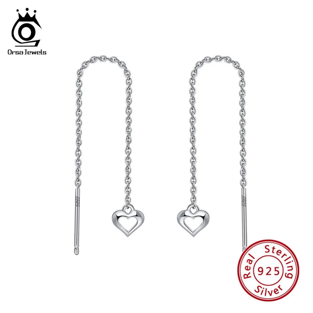 ORSA JEWELS, натуральная 925 пробы, серебряные женские серьги, цепочка, романтическая форма сердца, корейские вечерние ювелирные изделия для девушек SE130