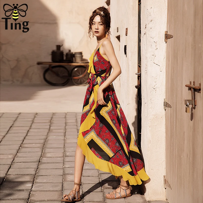 Tingfly 2019 Летнее новое платье в стиле бохо с бретелью, открытой спиной, оборками и разрезом Пляжный отдых Цветочный богемный повседневный длинный.