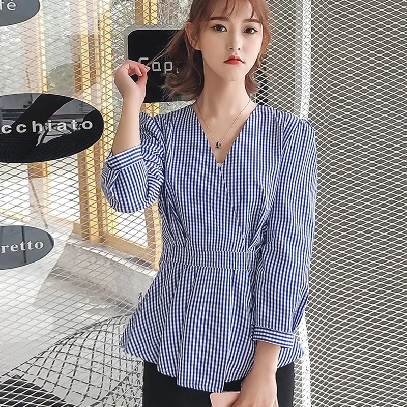 Fashion V-Neck Long Sleeve Shirts Women Blouse office Ladies Plaid Blouse Top