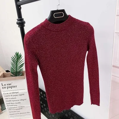 wine red Новинка, осенний и зимний тонкий свитер с половинным вырезом, Женский яркий Шелковый вязаный свитер с длинным рукавом, джемпер для женщин - Цвет: wine red
