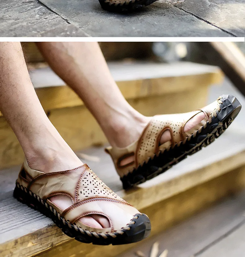 New Summer Sandals Mens Breathable High Quality Genuine Leather Sandals Man Flats Plus Size Fashion Casual Beach Men's shoes