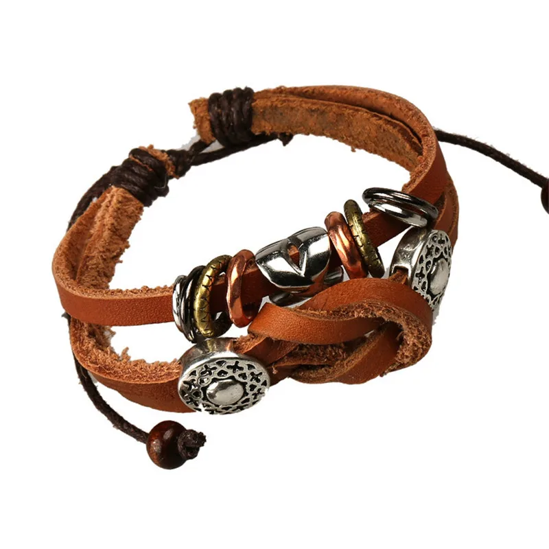 2016 Новая Мода Кожаный Браслет Винтаж Серебряный Круглая Кнопка Сплава Бисером