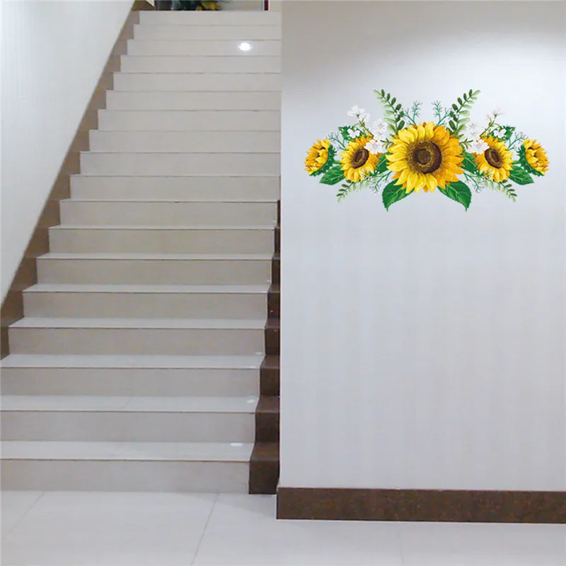 Removable Yellow Sunflower Background Wall Stickers Poster Plant Paster Decals Wallpaper Decor Bedroom Living Room Decorations | Дом и сад
