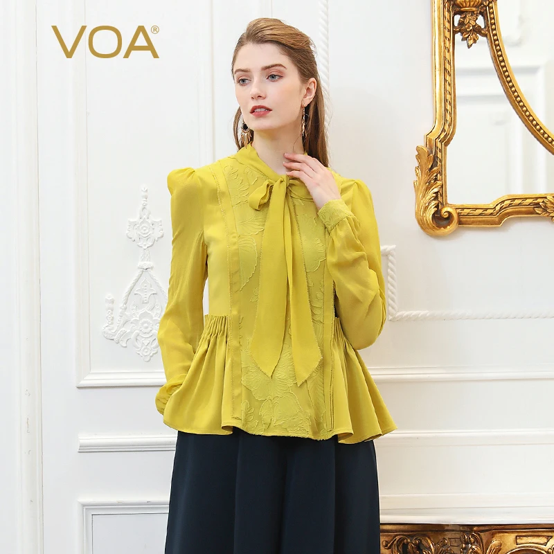 Женская шелковая блузка с вышивкой VOA размера плюс желтая туника бантом и лентой