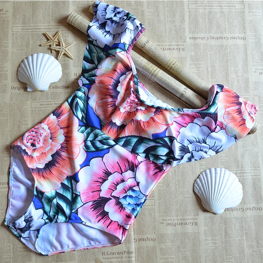 Women Sexy Floral Off Shoulder Swimwear Ruffle Female Bathing Suit Monokini Thong One Piece Swimsuit | Спорт и развлечения