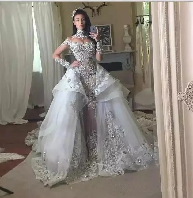 same as the photo Vestido De Noiva мусульманское свадебное платье с юбкой-годе, с высоким воротником Тюль с длинным рукавом Кружева кристаллы свадебное платье в богемном стиле Свадебное платье - Цвет: same as the photo