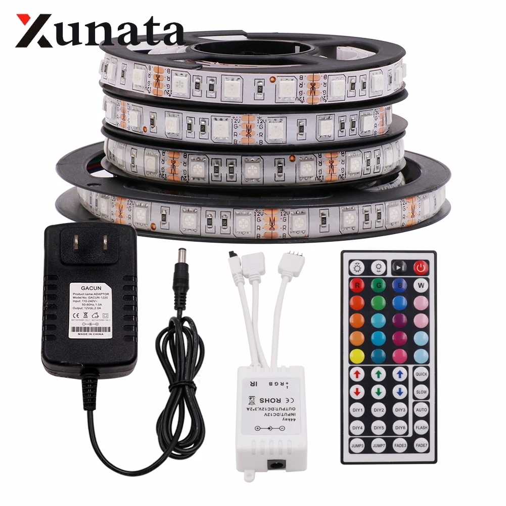 XUNATA 5050 RGB Светодиодная лента светильник 60 светодиодный s/m лента водонепроницаемый гибкий светодиодный светильник s US/EU/UK DC12V контроллер адаптер 1 м/2 м/5 м