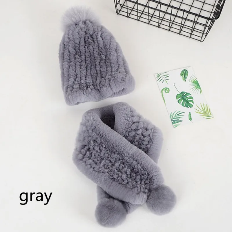 gray Детская шапка из кроличьей шерсти; шарф; комплект из двух предметов; зимняя теплая одежда для детей 4-10 лет; Идеальная детская одежда унисекс - Цвет: gray
