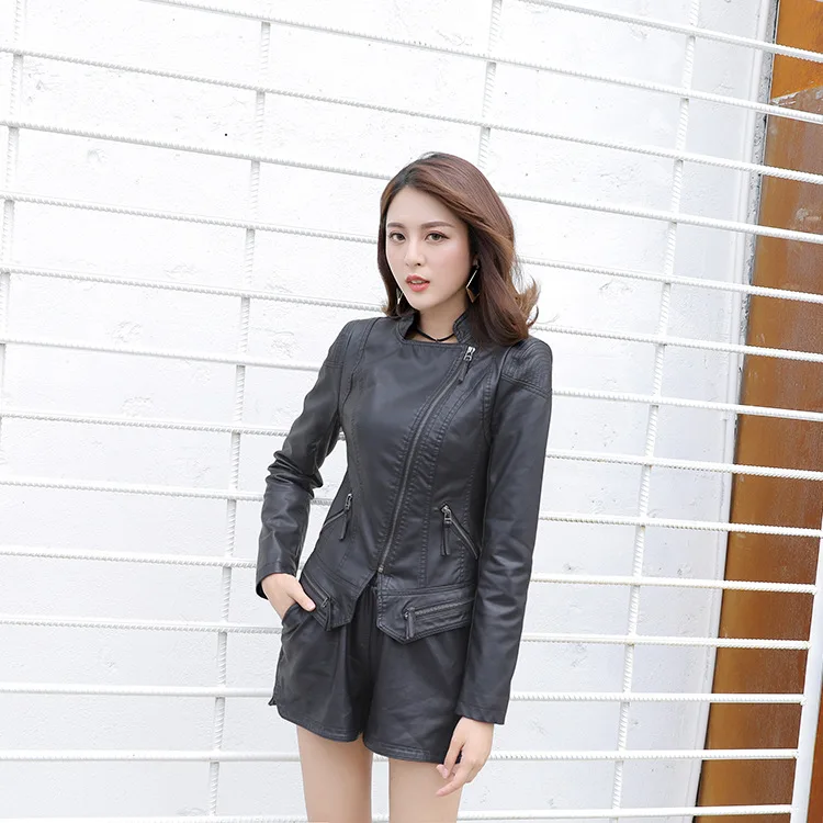 Куртка женская кожаная с длинным рукавом на молнии|Кожаные куртки| |