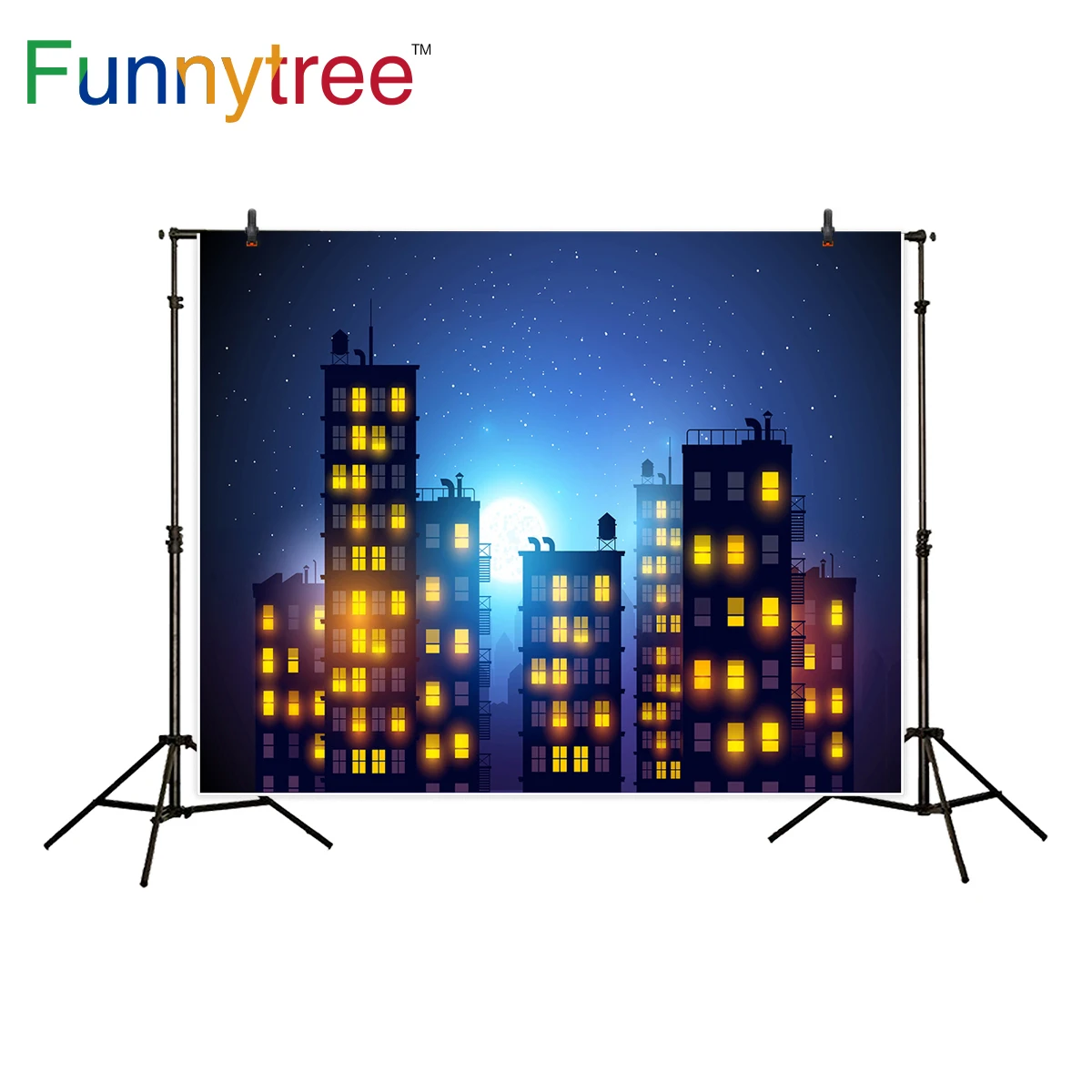 Фон Funnytree для фотостудии городские звезды ночное здание герой луна детский душ |