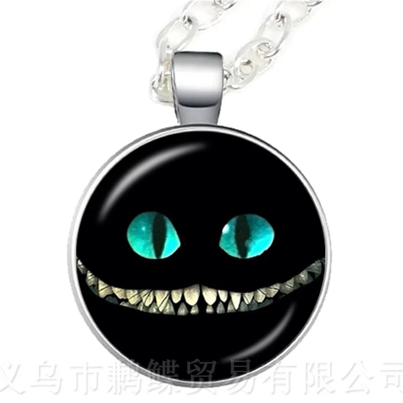 

Alice In Wonderland Necklace Cheshire Cat Glass Round Dome DIY Jewelry Charm Pendant Sweater chain For For Girls Women Gift