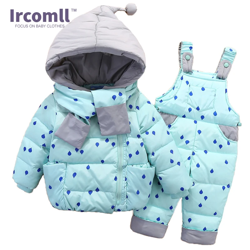 Зимний комплект одежды Ircomll для мальчиков и девочек тёмный пуховик в горошек +