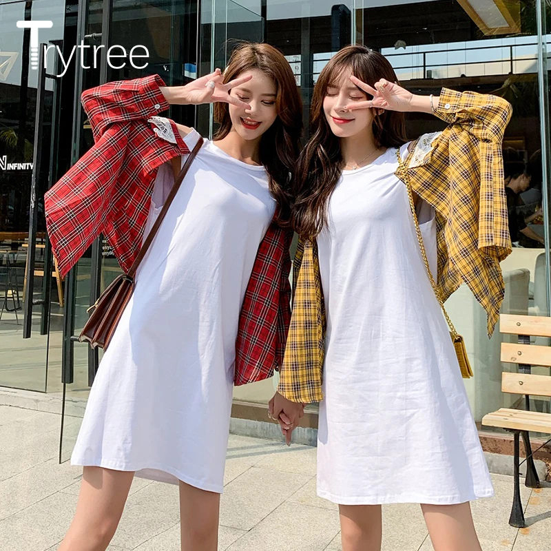 Trytree летнее модное платье женское кружевное клетчатое блуза пэчворк футболка