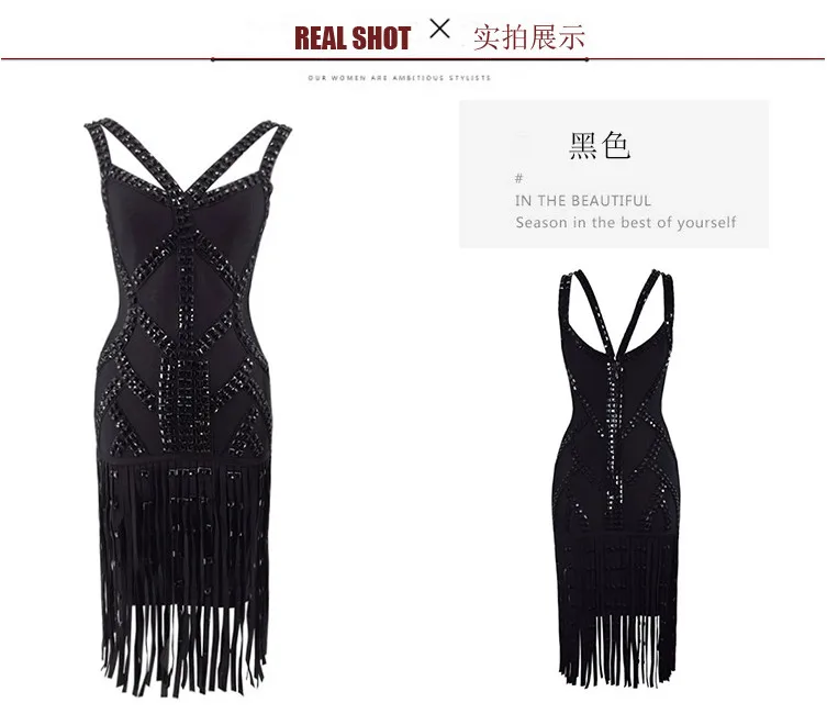 Новый стиль бриллианты без рукавов Бандажное мини платье с кисточками