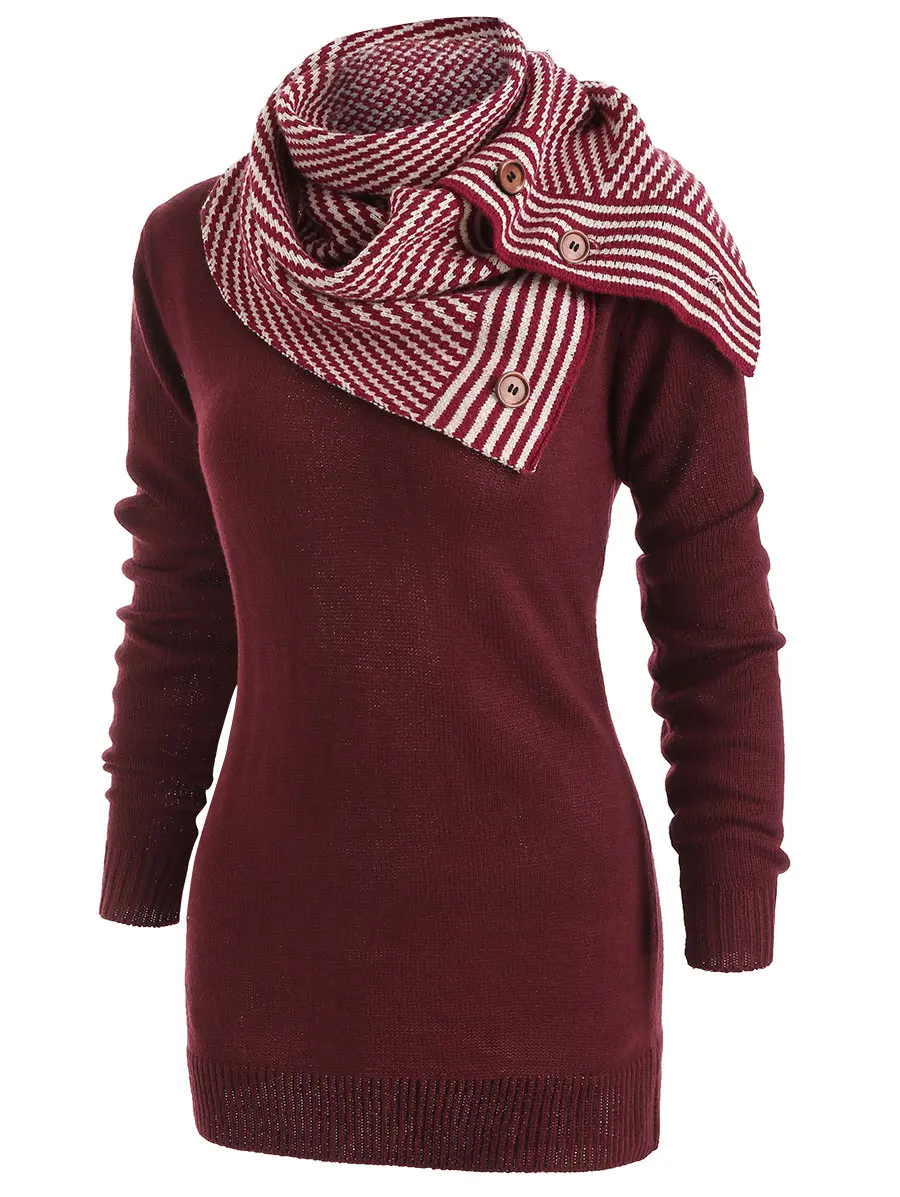 Wipalo Pullover Sweater Women Buttons Crew Neck Long Sleeve Sweater With Striped Scarf Winter knitting Ladies Tops Clothing