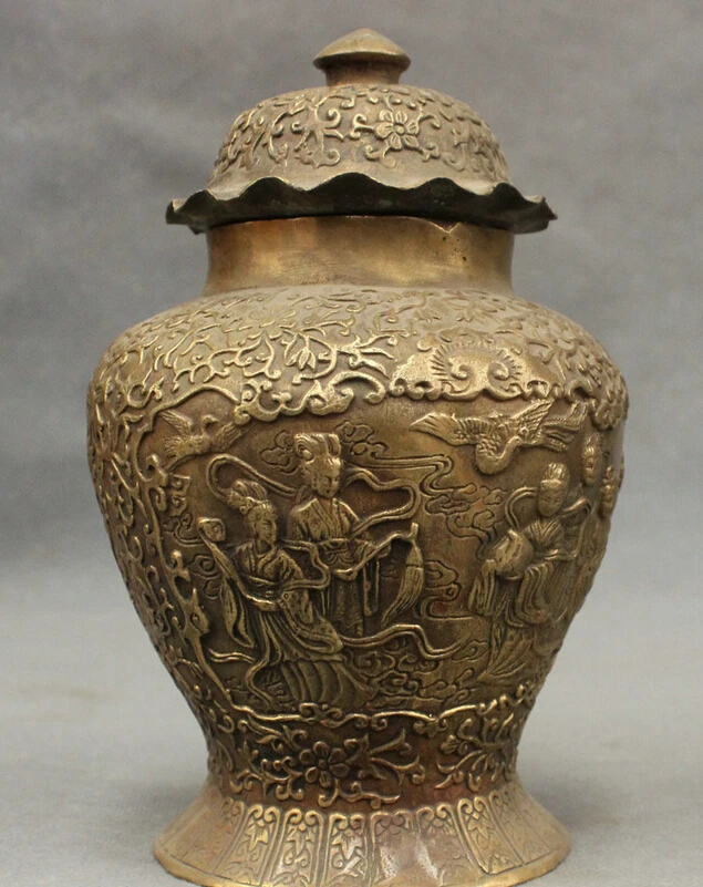 song voge gem S3273 Chinese Bronze Copper Fly Crane Court RuYi Belle Fairy Peach Statue Jug Jar Pot | Дом и сад
