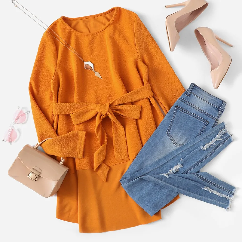 SHEIN, имбирный Асимметричный топ с поясом, Повседневная блуза с длинным рукавом и круглым вырезом, Женская Осенняя элегантная офисная блуза
