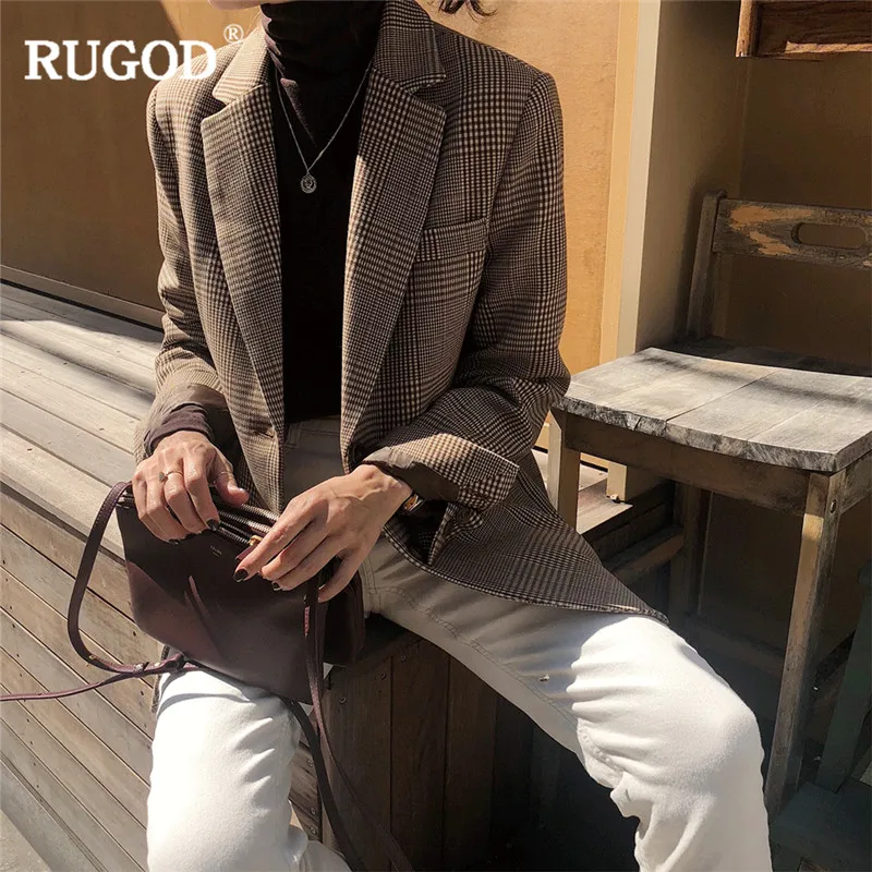 Женский блейзер в клетку RUGOD винтажный Однобортный с длинным рукавом для офиса