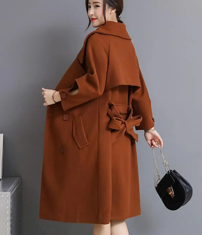 2020 зимнее двубортное шерстяное длинное пальто с поясом повседневное