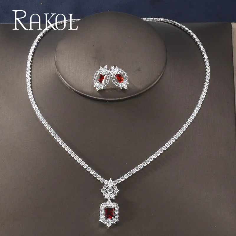 RAKOL роскошный Искрящийся Блестящий кубический циркон прозрачные серьги ожерелье набор ювелирных изделий Свадебные аксессуары для одежды