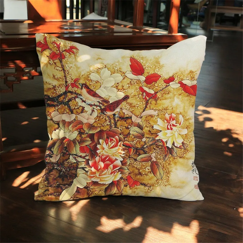 Льняная наволочка в китайском стиле с принтом пионов и цветов декоративные