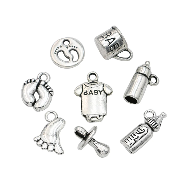 

40pcs Tibetan Silver Plated Baby Cup Bottle Footprint Charms Pendants for Jewelry Making Findings DIY Handmade