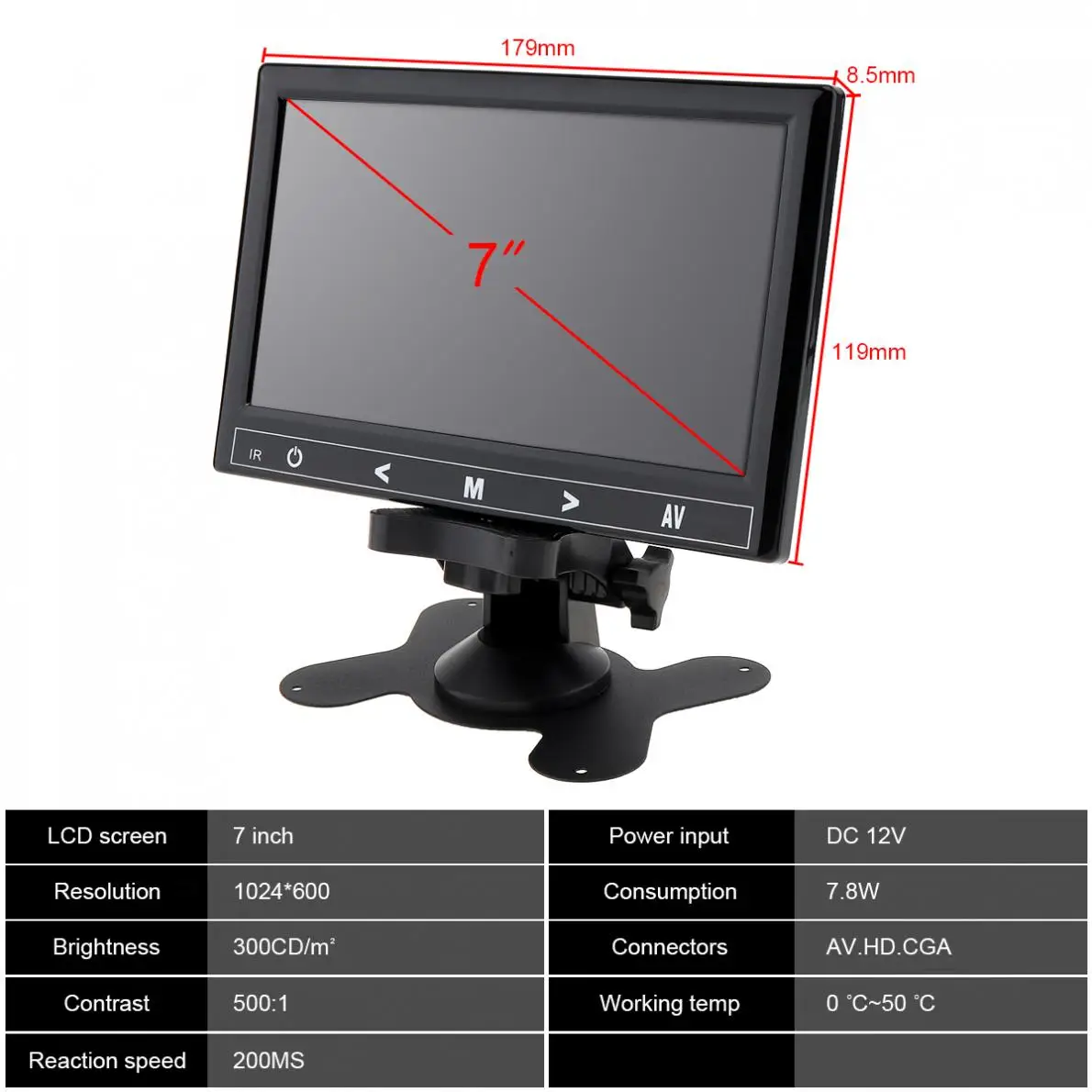 7 дюймов 16:9 1024*600 TFT LCD монитор заднего вида автомобиля 2 видео вход DVD VCD подголовник