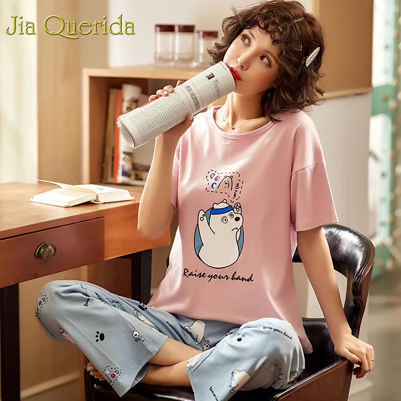 J & Q комплект пижам Женская хлопковая Домашняя одежда 2019 весна лето с короткими