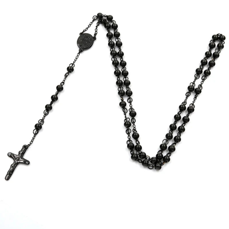 

1 Virgin Mary Rosary Necklaces Bead Chain Cross Jesus Pendant Catholic Church Stainless steel Women/Men Christian Black Jewelry
