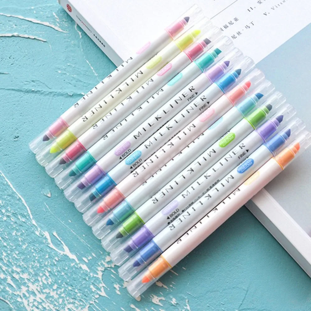 12pcs/set Highlighter Pens Stationery Mild Liner Double Headed Fluorescent Pen 12 Colors Mark Pen Cute