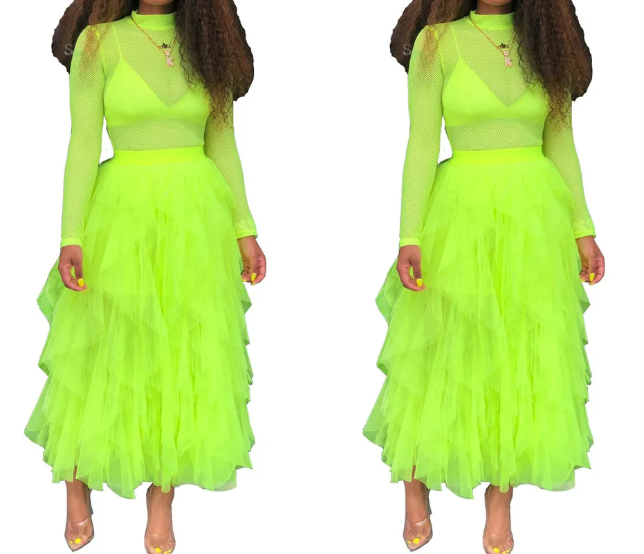 Женская многослойная юбка-пачка длинная сетчатая юбка флуоресцентного цвета с