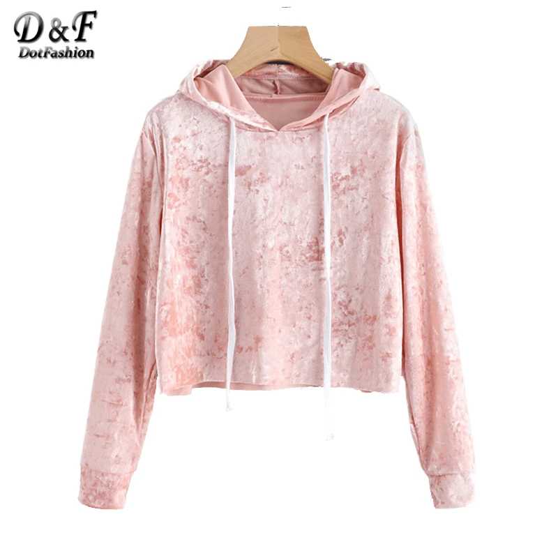 Dotfashion бархатный укороченный свитер с капюшоном и завязками, осень, женские пуловеры, Розовый Повседневный свитер с длинным рукавом