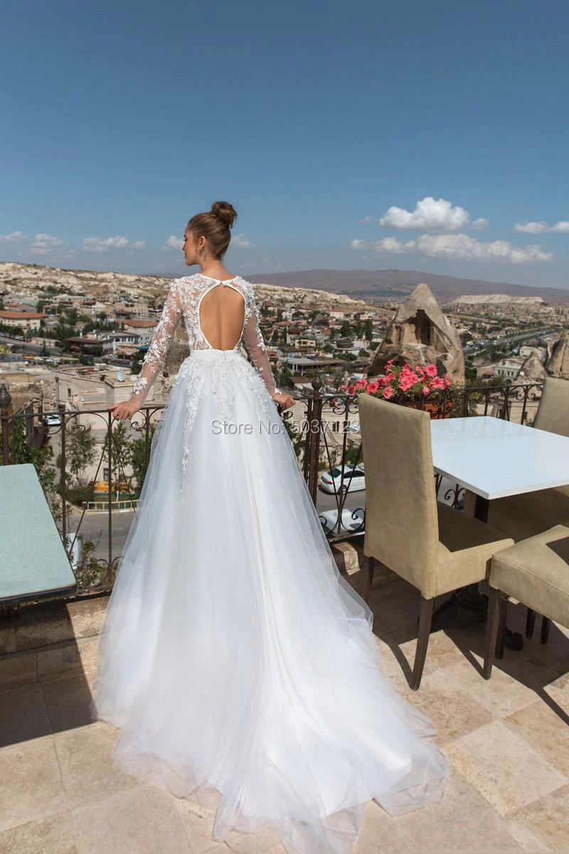 Трапециевидные Свадебные платья Vestido De Novias кружевные аппликационные цветы с