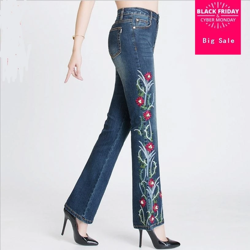

2XL-7XL Plus size embroidery cotton flare jeans 2020 Spring women diamond jeans was thin with stretch warm jeans wj2000