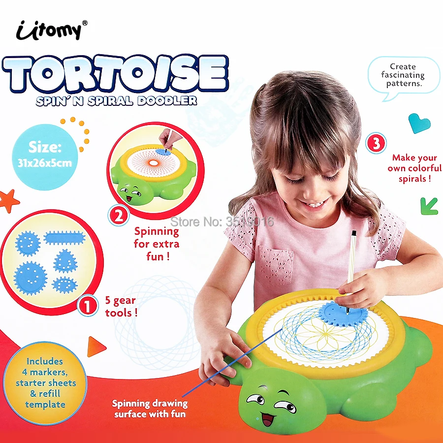 

Spirograph Drawing Toys Tortoise spin'N Spiral doodler Design Set Creative Spiral 5 gear tools,5 colors Pens Educational toys