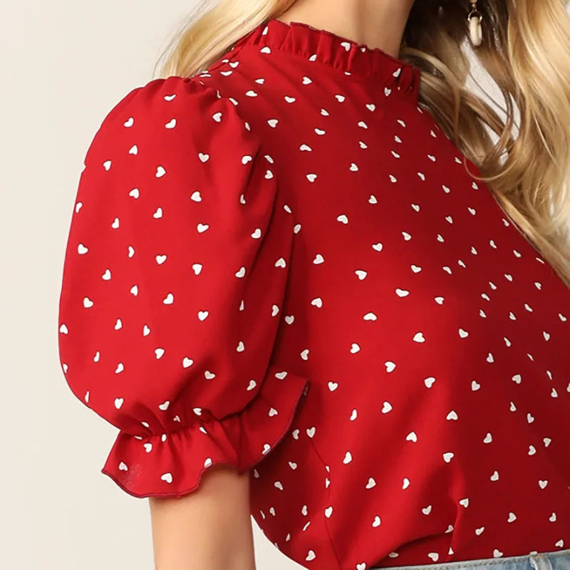 Dotfashion, красный топ с воланами на шее, с пышными рукавами, с принтом конфетти, сердце, для женщин,, летняя элегантная одежда с коротким рукавом, модная блузка