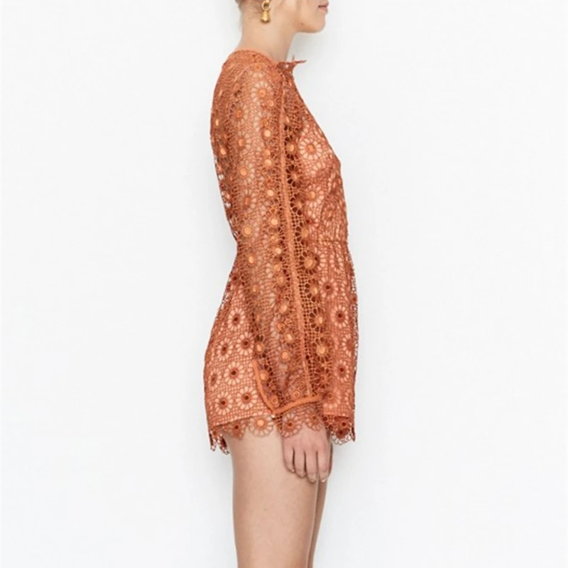 2017 трехмерный цветок Кружево вырез Для женщин с длинными рукавами комбинезон