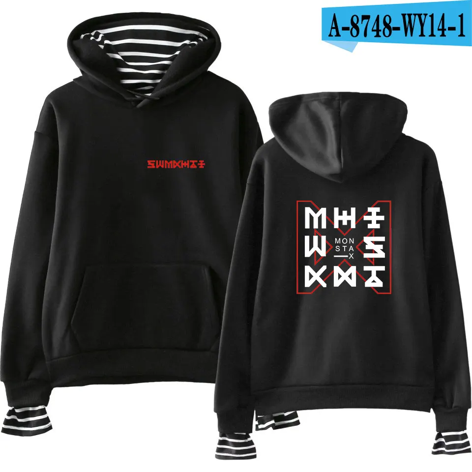 WEJNXIN Kpop Monsta X толстовки для женщин и мужчин поддельные из двух частей свитер женский Harajuku Хип Хоп пуловер Одежда Sudadera - Цвет: Black