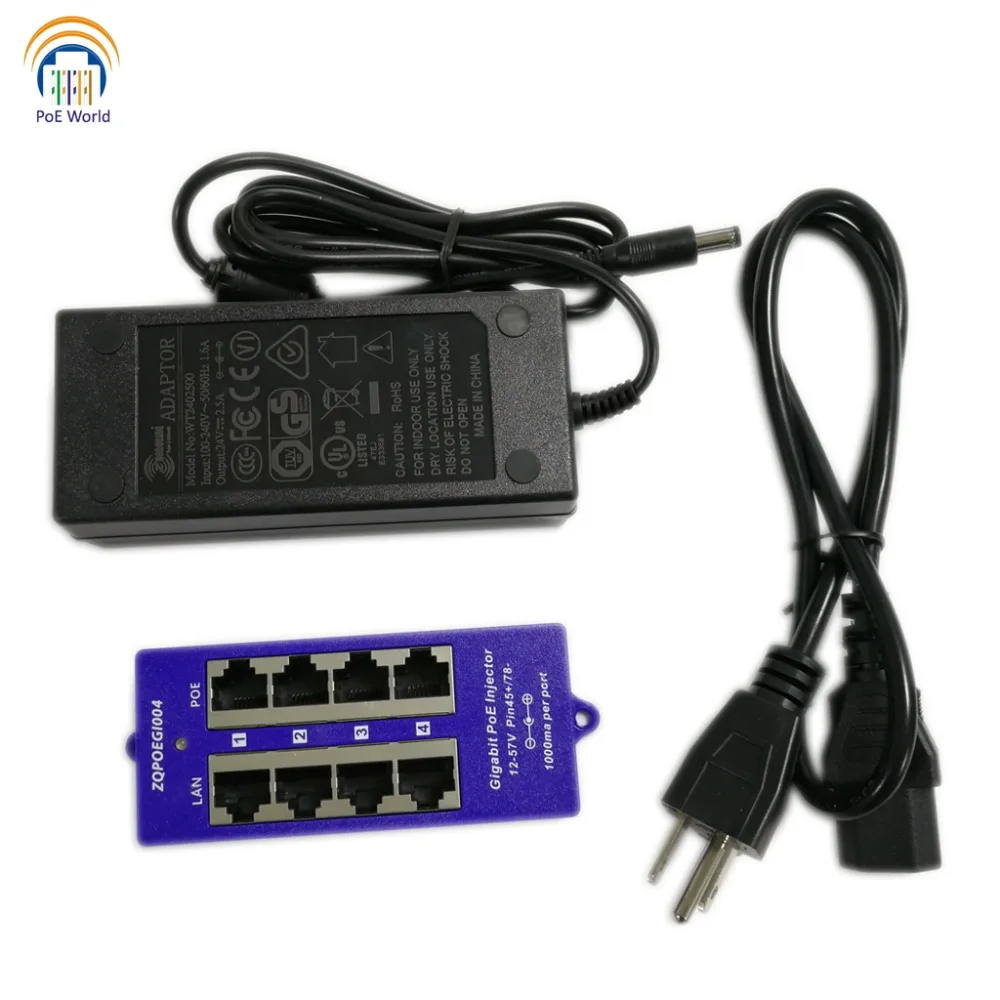 Гигабитный 4 портовый пассивный инжектор питания через Ethernet для камеры