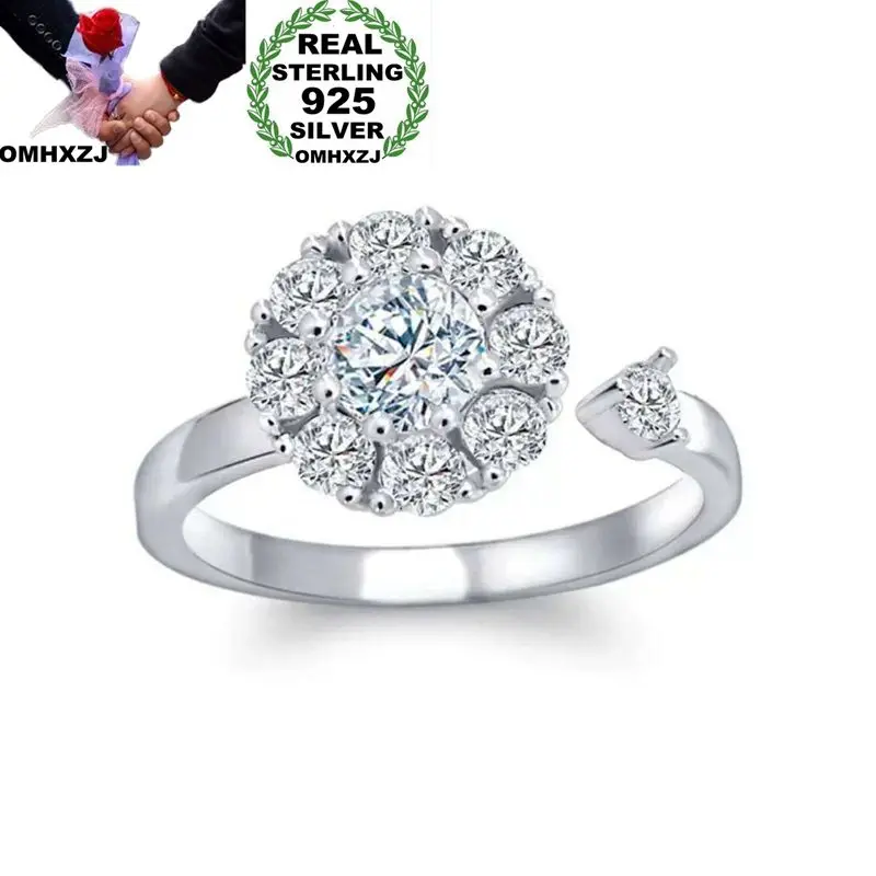 

OMHXZJ Wholesale European Fashion Woman Girl Party Wedding Gift Silver White Rotating AAA Zircon S925 Sterling Silver Ring RR305