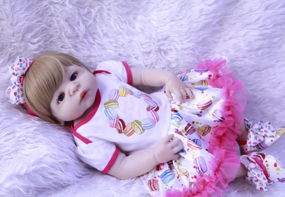 

New blonde hair full silicone reborn baby girl dolls 23" bebe toy reborn bonecas blue/brown eyes bathe doll creative child gift
