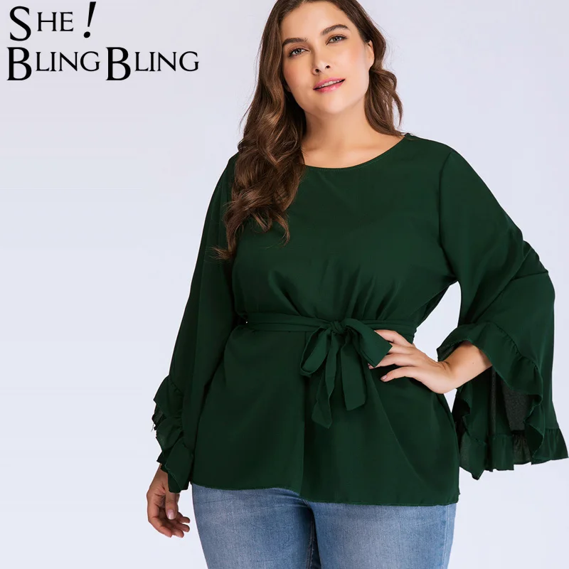 SheBlingBling, блузка размера плюс 4XL, женская, v-образный вырез, длинный рукав-клеш, бант, украшение, летняя блузка, Женские топы и блузки
