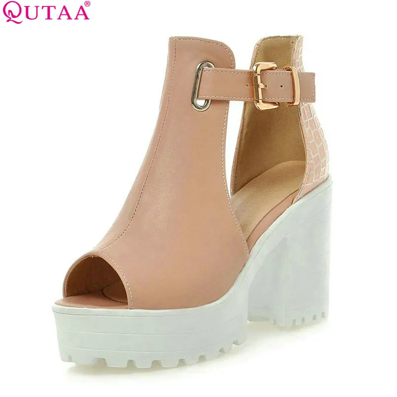 QUTAA/женские летние туфли на высоком квадратном каблуке из искусственной кожи с