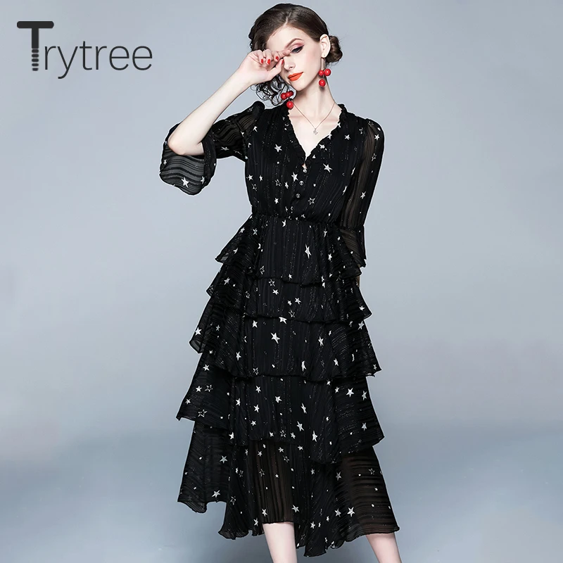 Trytree/летнее женское платье повседневное с v образным вырезом каскадными оборками