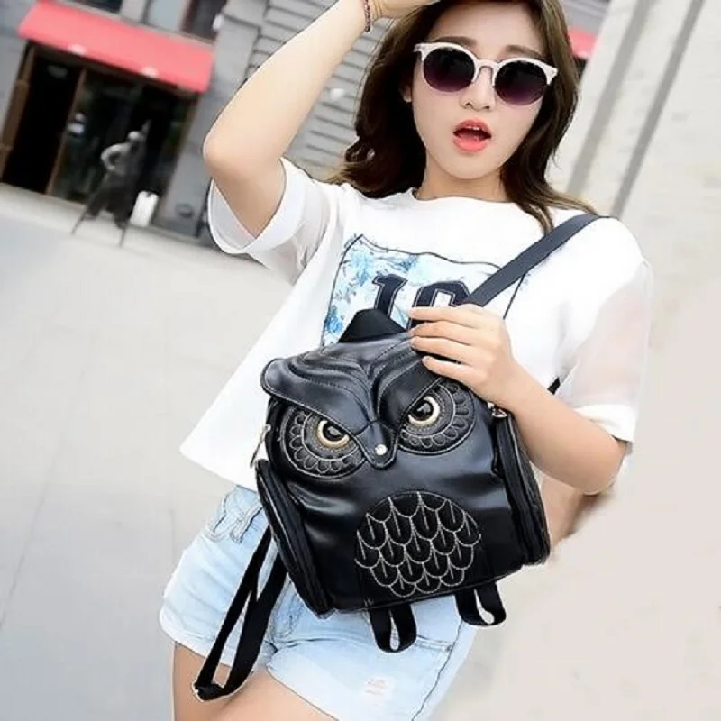 Модный женский рюкзак новинка 2016 стильный черный из искусственной кожи с совой