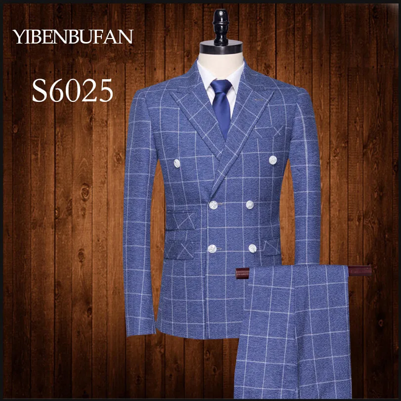 Куртка + брюки 2019 новый бренд мужские костюмы Синие Клетчатые стильные блейзеры