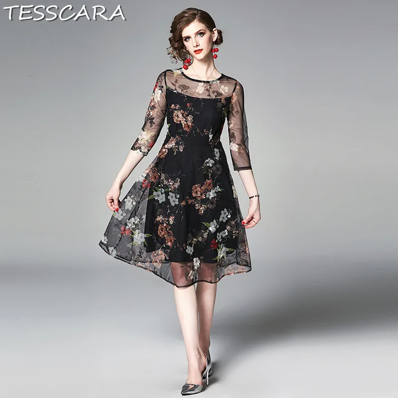 Женское Сетчатое платье с вышивкой TESSCARA винтажное дизайнерское бальное на