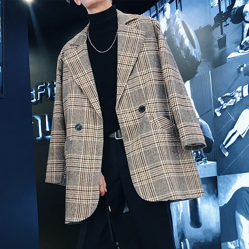 2018 Spring And Autumn Men's New Plaid In The Long Woolen Coat Fashion Youth Casual Loose Trend Personality Temperament Wild | Мужская
