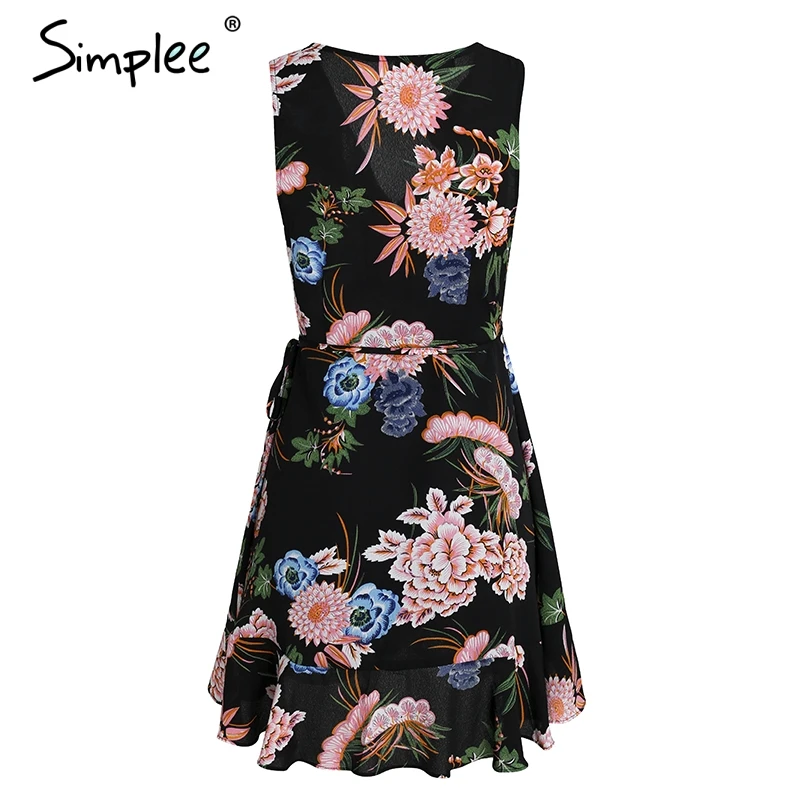 Simplee рюшами v шеи принтом летнее платье Для женщин без рукавов boho wrap повседневные